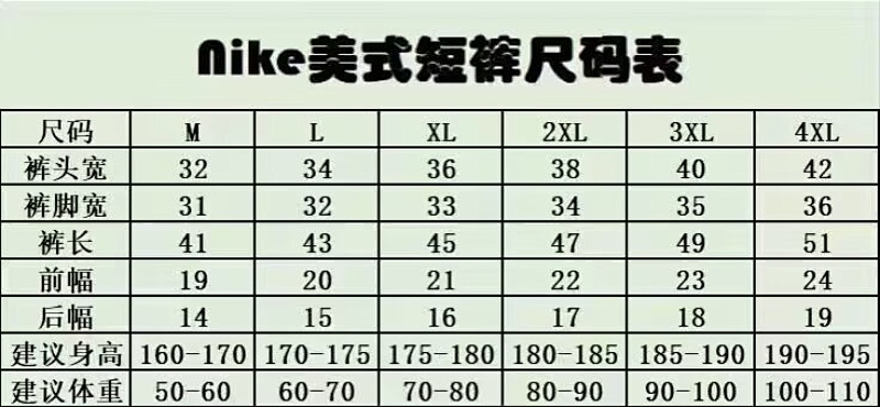 NBA短裤尺码表